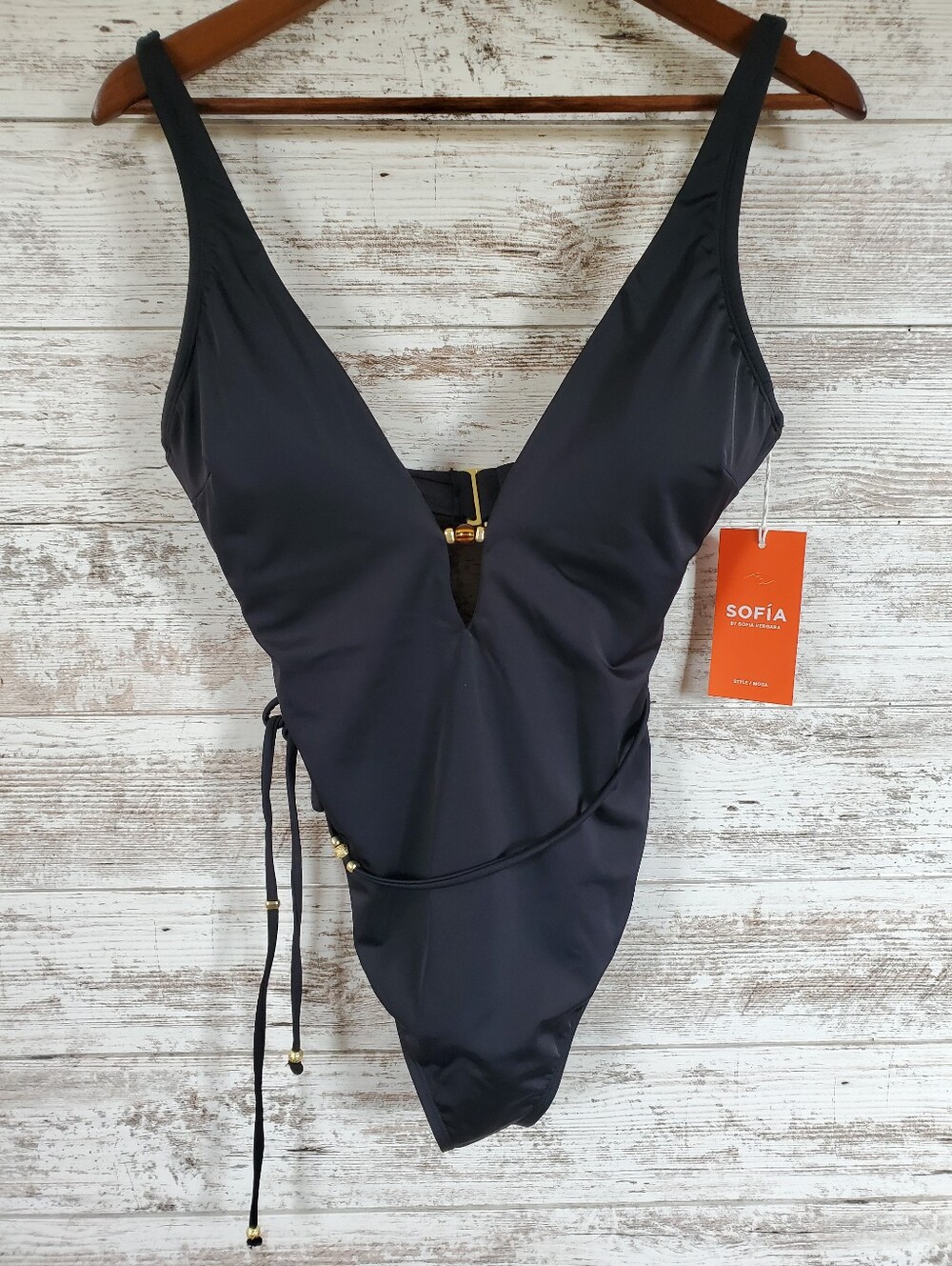 NWT Sofia by Sofia Vergara Black Plunge One Piece Swimsuit Belted